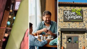 bottles of wine (l) family at olive garden (c) olive garden entrance (r)
