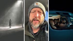 figure on the side of highway (l) man shares a family scary road experience (c) family on the highway at night (r)