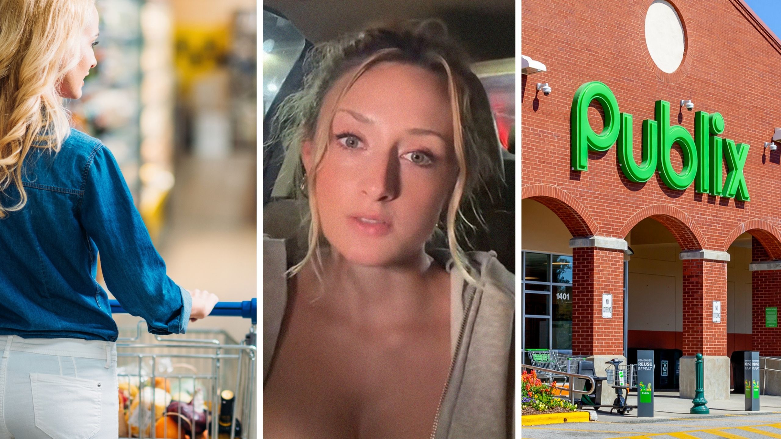 woman grocery shopping (l) woman shares publix experience (c) Publix storefront (r)