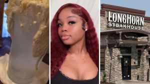 cheesy water (l) woman goes to Longhorn Steakhouse (c) Longhorn steakhouse entrance (r)