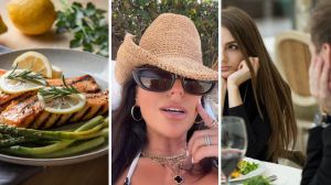 salmon dinner (l) woman shares bad date story (c) woman having a bad time during date (r)