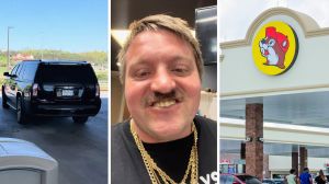 gmc parked on the way (l) man shares buc-ee's experience (c) Buc-ee's gas station (r)