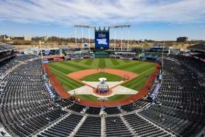 KANSAS CITY, MO - MARCH 30: A high and wide view of the stadium before the Royals home opener against the Minnesota Twins on March 30, 2026 at Kauffman Stadium in Kansas City, MO. (Photo by Scott Winters/Icon Sportswire)