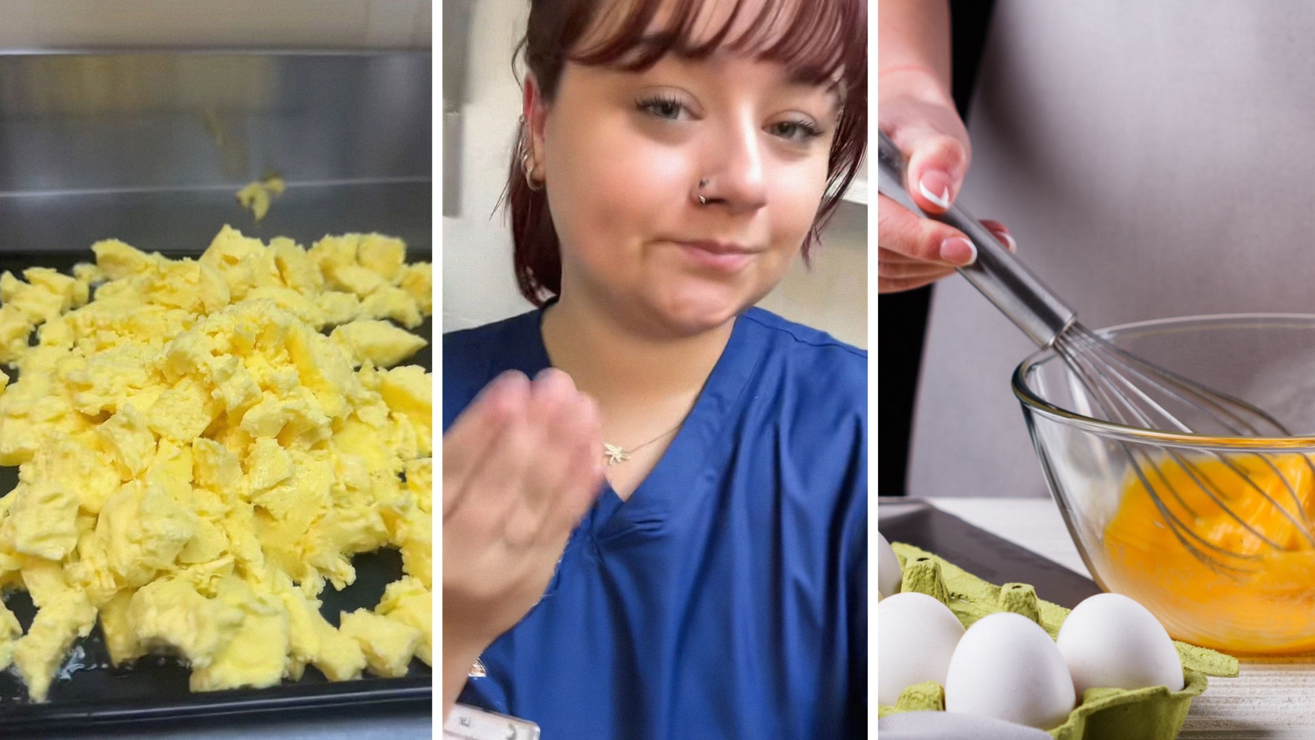 scrambled eggs (l) woman shares how hotel eggs are made (c) woman making scrambled eggs (r)