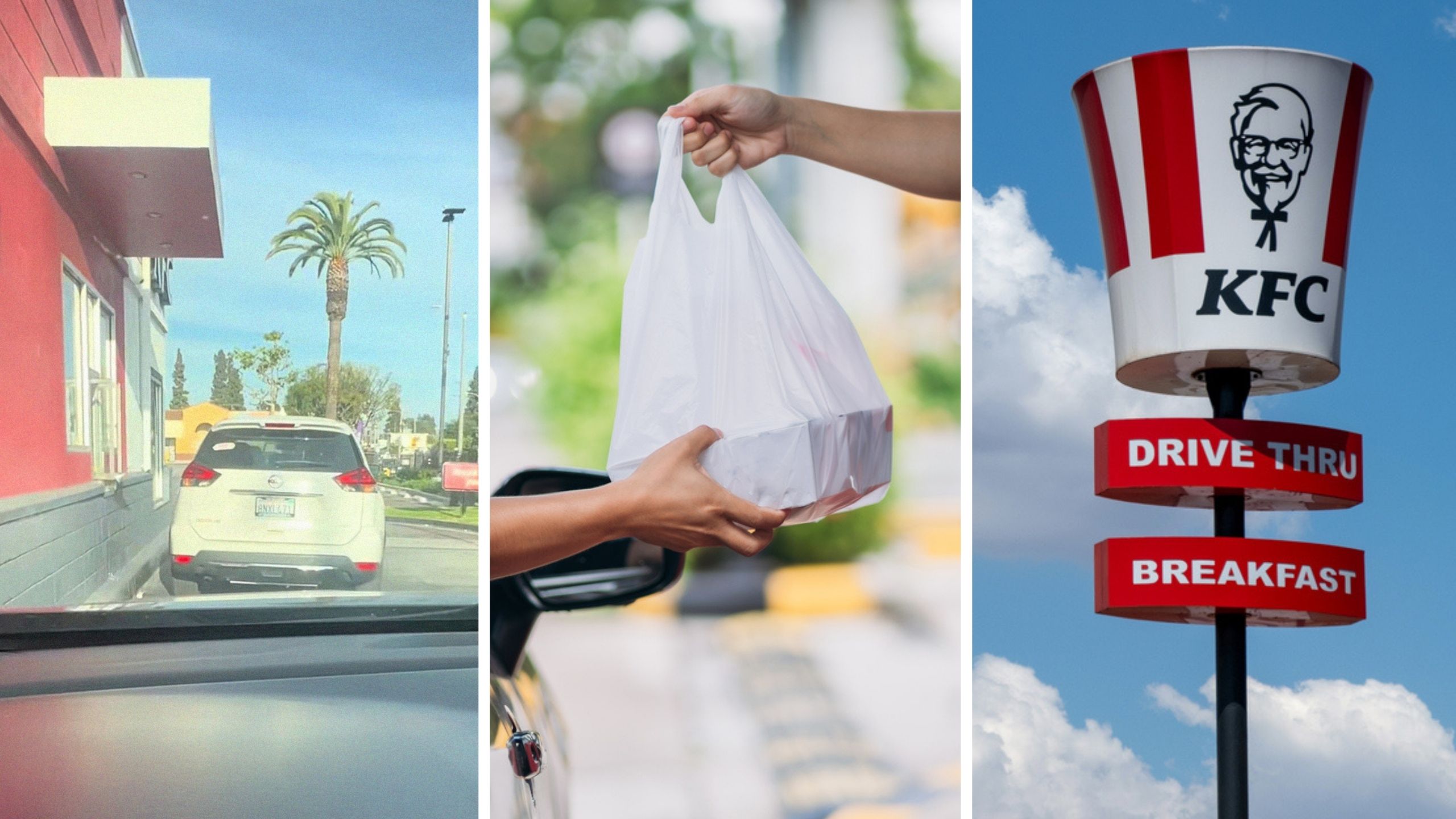 car at drive through (l) person shares drive thru encounter (c) KFC drive thru (r)