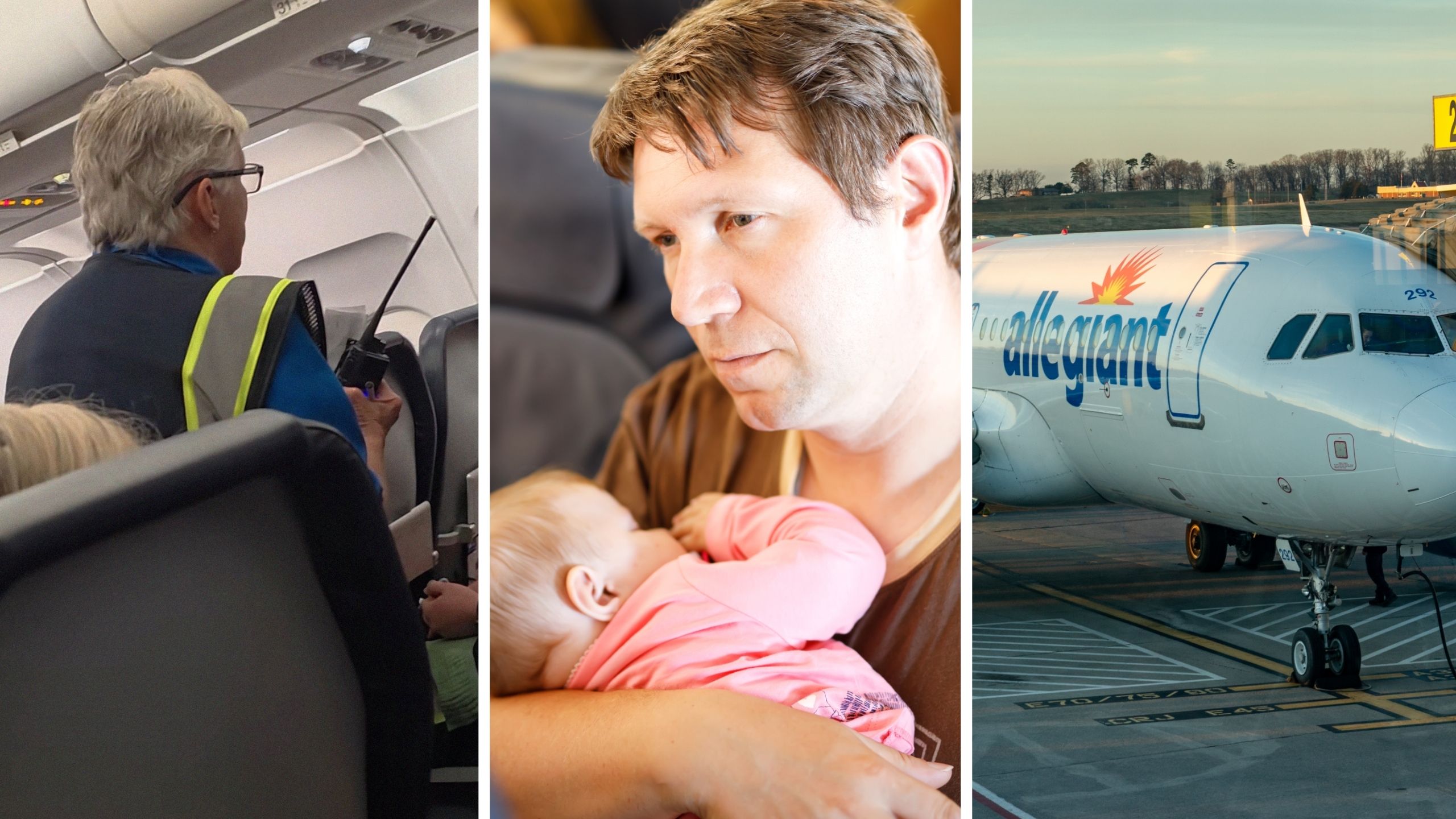 flight security (l) man and crying baby in flight (c) Allegiant airlines (r)