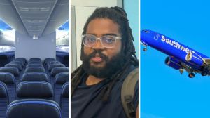 plane seats (l) man shares traveling issue (c) Southwest airlines (r)