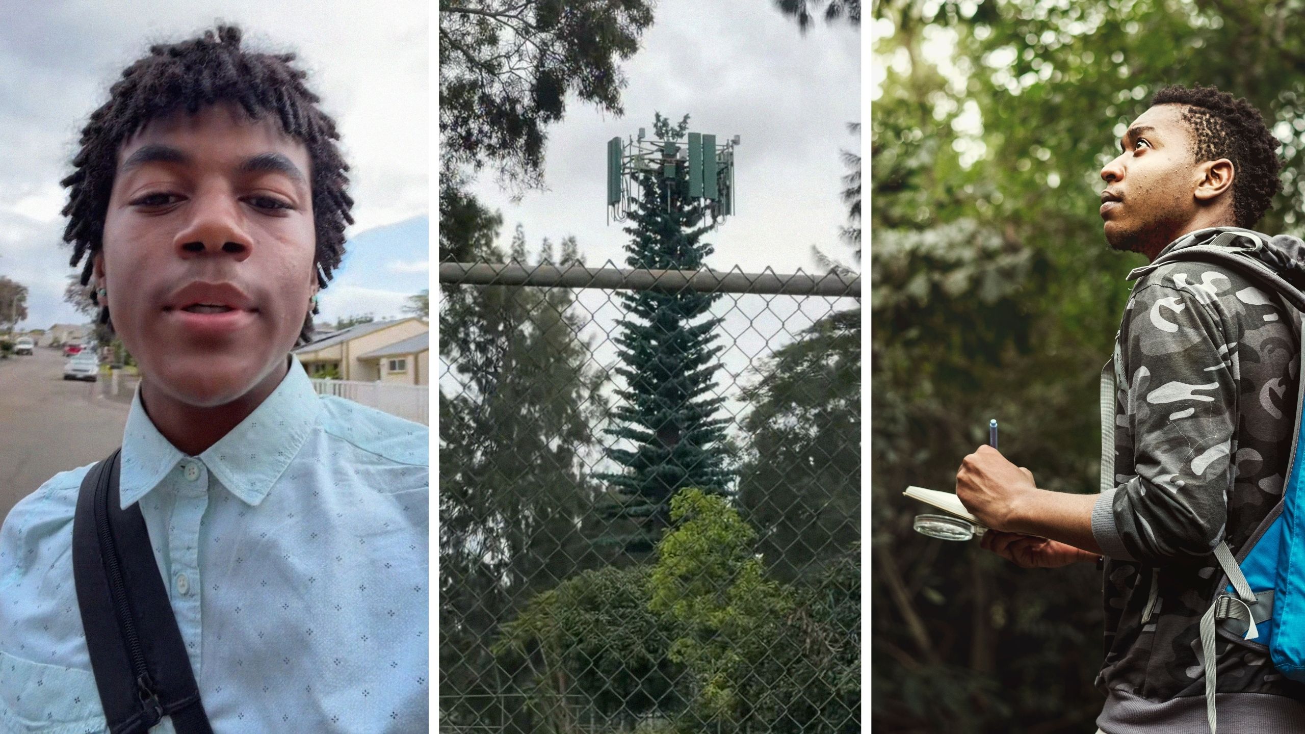 man shares walk encounter (l) 5G tower disguised as a tree (c) man on a trail (r)
