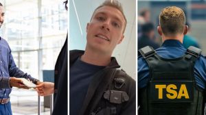 man shows QR code to officer (l) man shares airport issue (c) TSA officer (r)