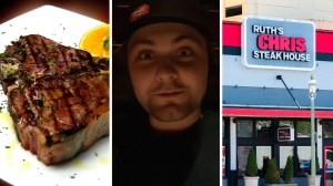 juicy porterhouse steak (l) man shares Ruth’s Chris steakhouse experience (c) Ruth’s Chris steakhouse entrance (r)