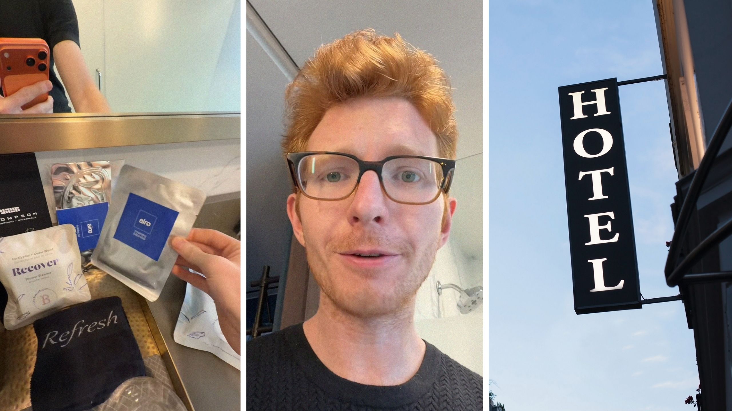 bathroom goodies (l) man shares hotel experience (c) hotel sign (r)