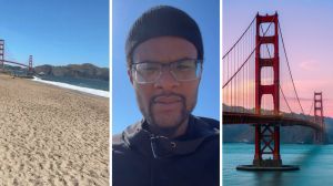 man walking towards golden gate bridge (l) man shares Golden Gate bridge experience (c) view of the Golden gate bridge (r)