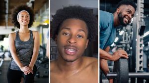 woman at gym staring at man (l) man shares gym experience (c) man at gym doing reps (r)