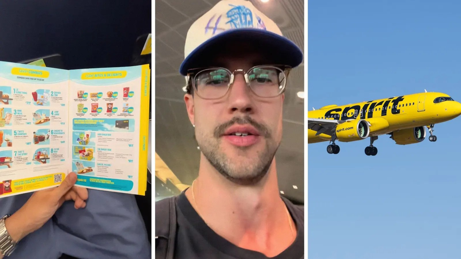 man in first class (l) man shares first class experience (c) spirit airlines (r)