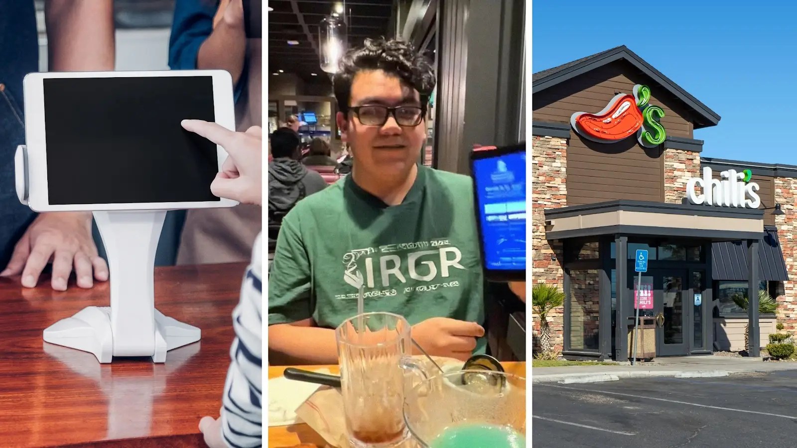 man paying on tablet (l) man shares chili's experience (c) Chili's front door (r)