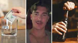 man tipping (l) man shares bartender experience (c) bartender opening a beer (r)