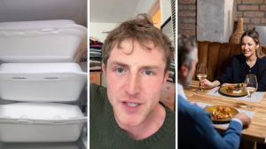 to go plates (l) man shares date experience (c) man and woman at a fancy restaurant date (r)