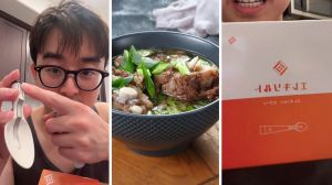 man shares spoon purchase (l) hot soup (c) $200 spoon (r)