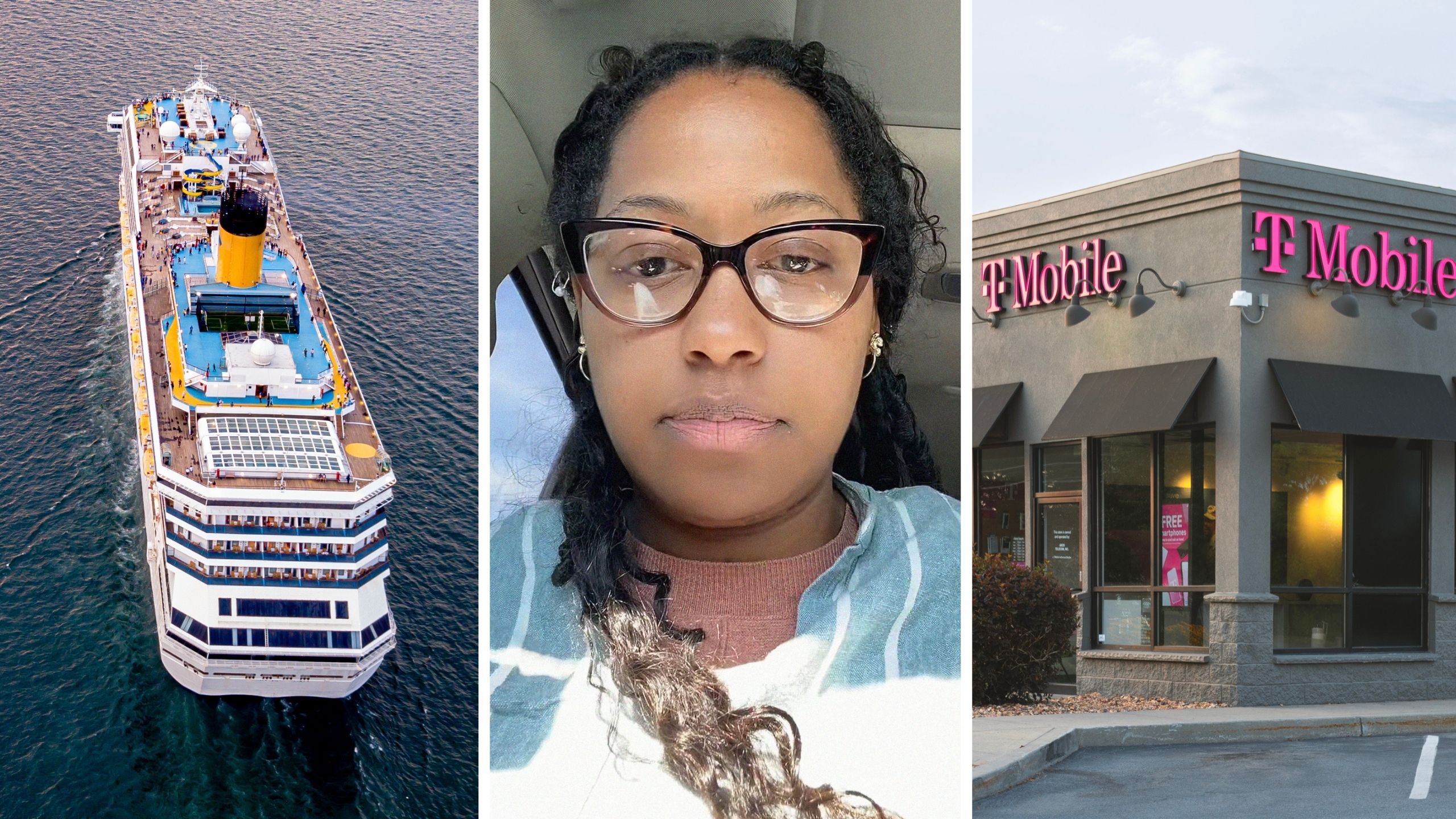cruise on the go (l) woman shares internet encounter (c) T-mobile storefront (r)