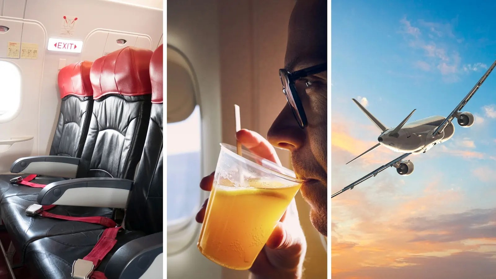 exit row (l) man drinking during flight (c) flight in the air (r)