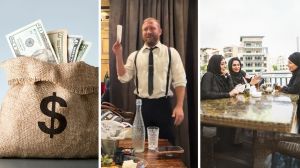 bag of money (l) woman ask server to hand out the check (c) woman dining out (r)