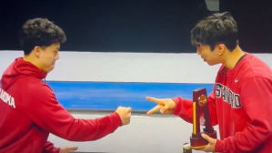 NCAA Men's Gymnastics Jun Iwai and Tyler Flores vault rock, paper, scissors