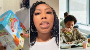 Margaritaville ouches (l) woman shares kids story (c) kid eating his snacks and drink at school (r)