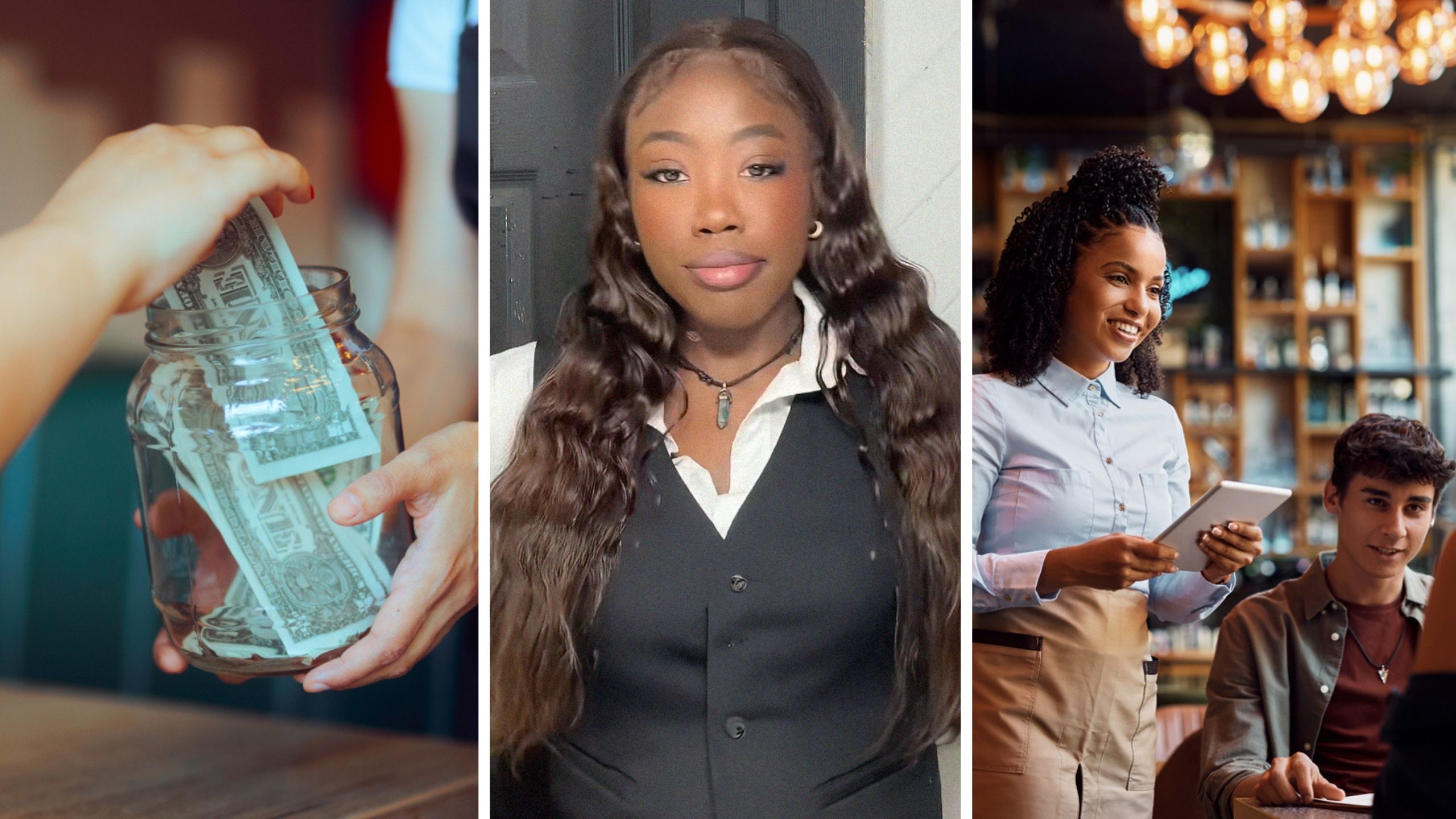 customer leaving tips (l) woman shares server hacks (c) server approaching table (r)