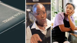 restaurant bill (l) woman shares server tricks (c) server waiting for customers to leave (r)