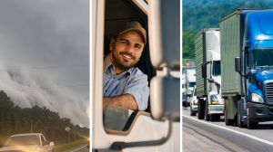 scary sky (l) truck driver on the highway (c) trucks lined up on the road (r)