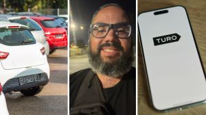 fleet of cars (l) man shares being a Turo host experience (c) Turo car rental app (r)
