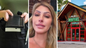 waitress hands over receipt (l) woman shares job big mistake (c) twin peaks front door (r)