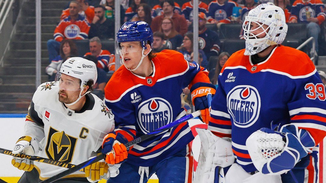 Vegas-Golden-Knights-Mark-Stone-with-Oilers-Connor-Murphy-and-Connor-Ingram