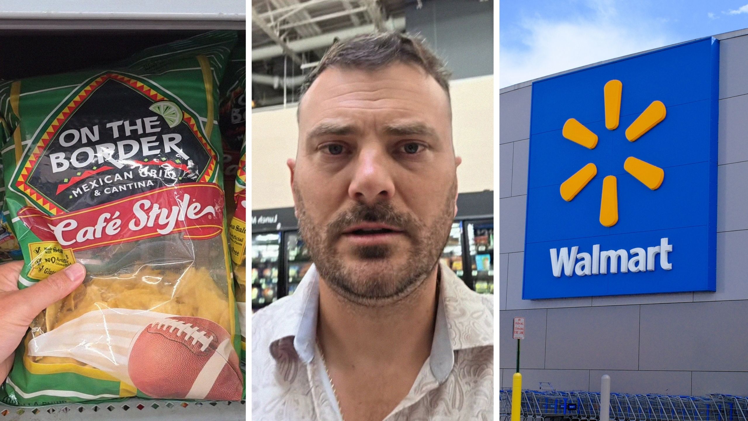 Tortilla chips bag (l) man shares shopping encounter (c) walmart storefront (r)