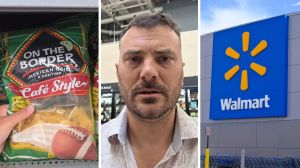 Tortilla chips bag (l) man shares shopping encounter (c) walmart storefront (r)