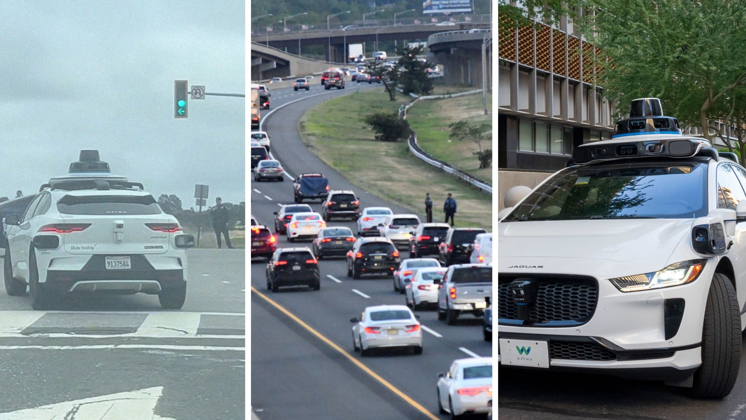 waymo attempting to turn (l) incoming traffic (c) waymo front view (r)