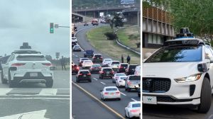 waymo attempting to turn (l) incoming traffic (c) waymo front view (r)
