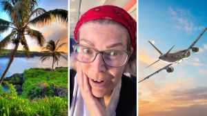 Hawaii beach (l) woman shares flight experience (c) flight turning back (r)