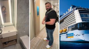 woman showing room bathroom (l) man opening room door in cruise (c) Royal Caribbean cruise (r)