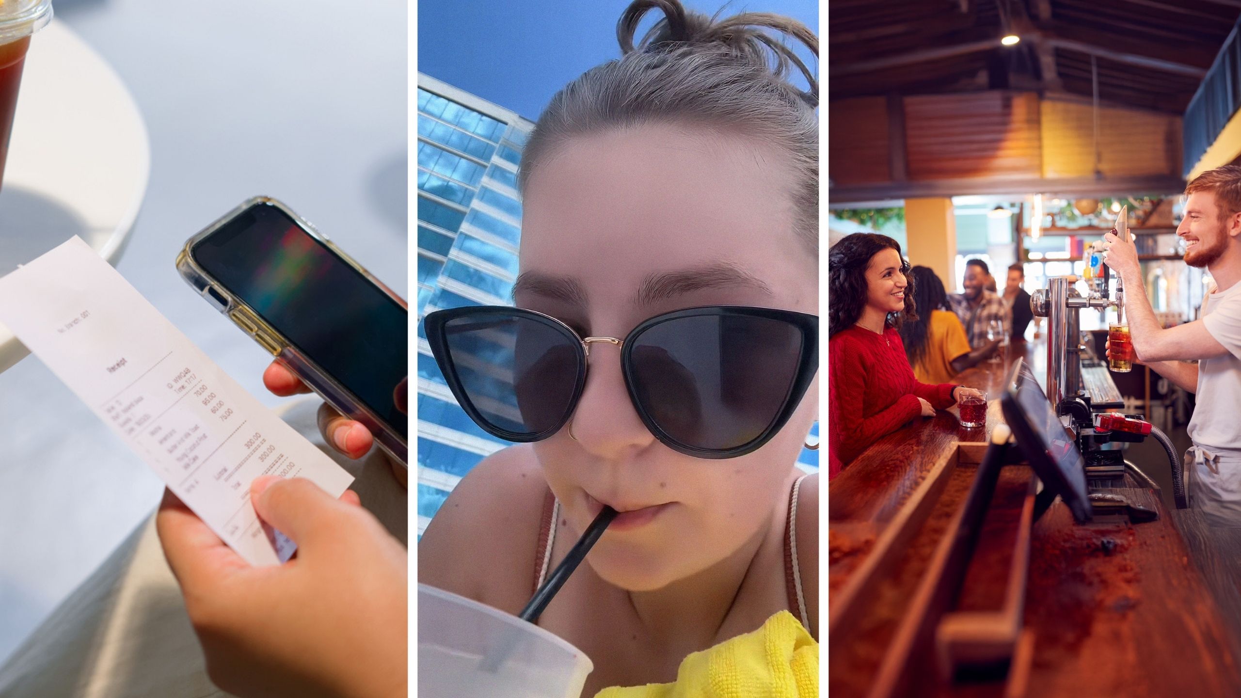 woman checks total paid (l) woman shares bartenders concern (c) woman ordering a drink (r)