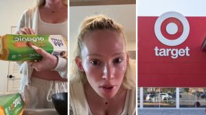 organic eggs (l) woman shares purchase issue (c) Target storefront (r)