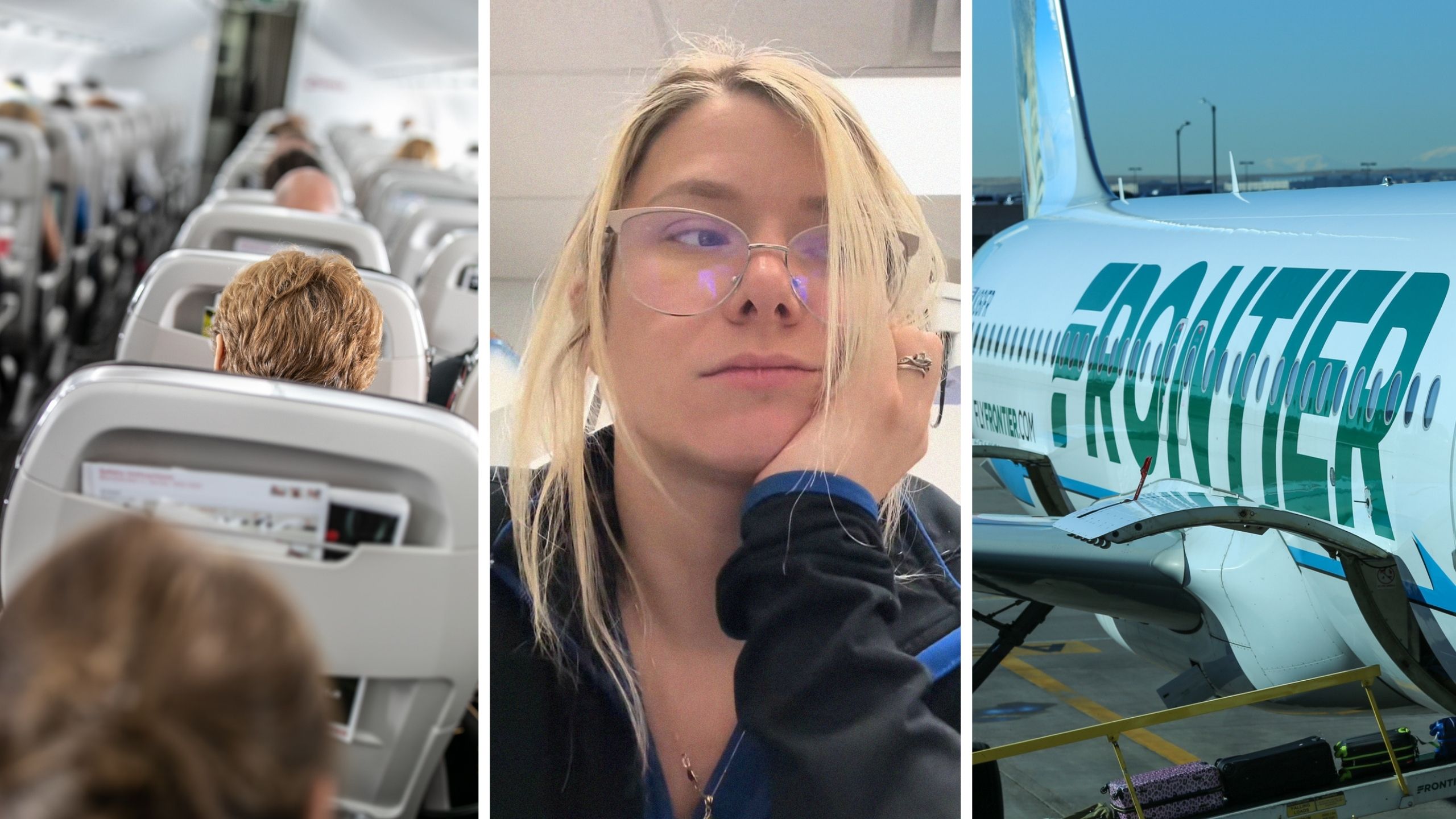 flight seats (l) woman shares traveling surprise (c) frontier airlines (r)