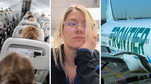 flight seats (l) woman shares traveling surprise (c) frontier airlines (r)