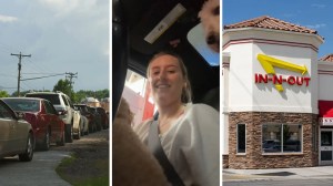 long drive thru line (l) woman shares drive thru experience (c) In-N-Out drive thru (r)