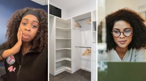woman shares virtual house tour experience (l) empty closet (c) woman does virtual house tour on her laptop (r)