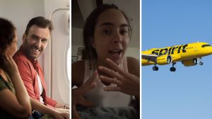 man talking to seat mate (l) woman shares flight experience (c) spirit airlines (r)