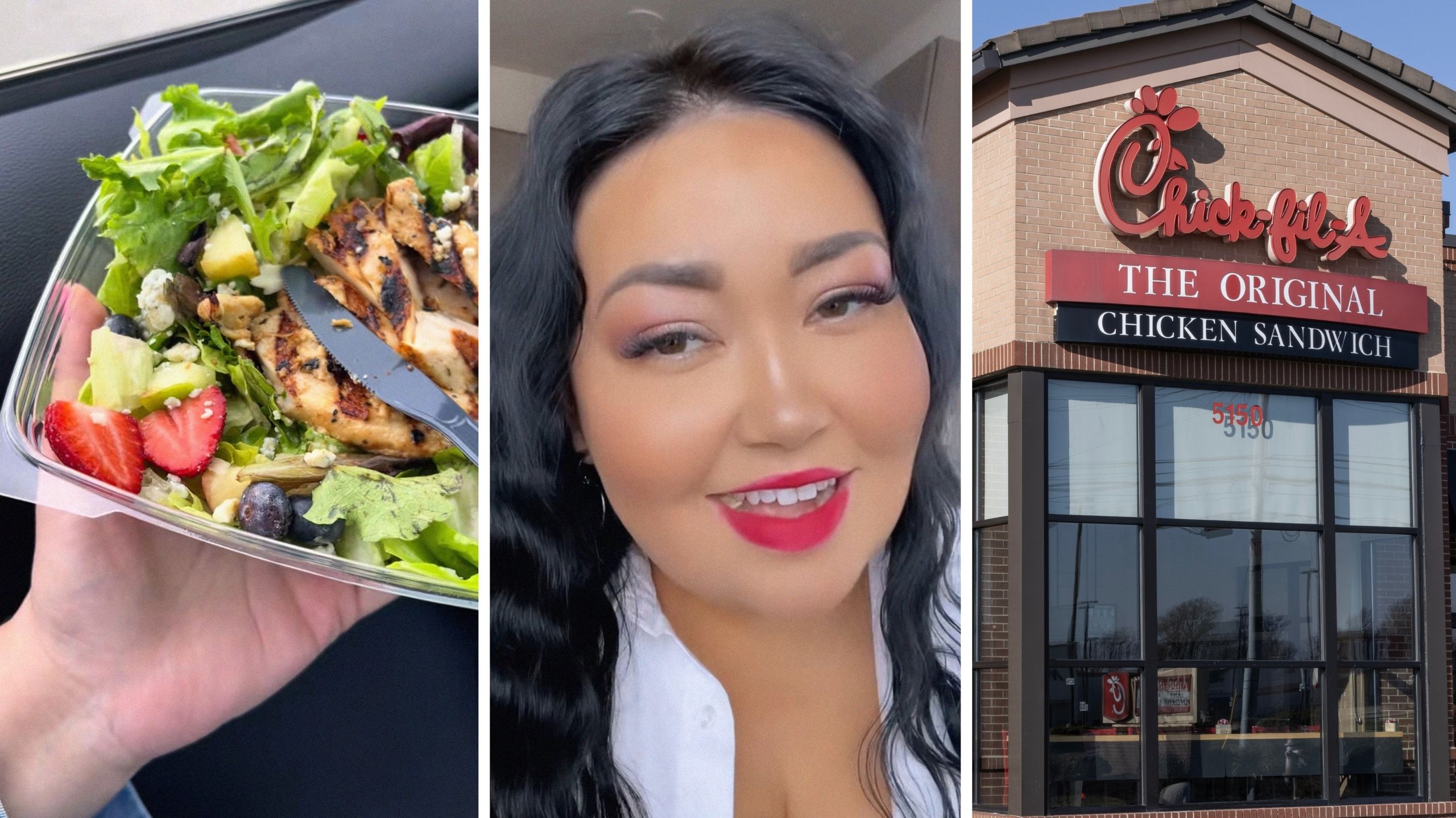 chicken salad (l) woman shares food purchase issue (c) Chick-fil-a entrance (r)