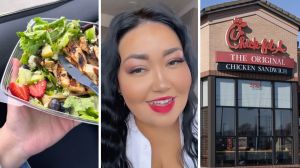 chicken salad (l) woman shares food purchase issue (c) Chick-fil-a entrance (r)