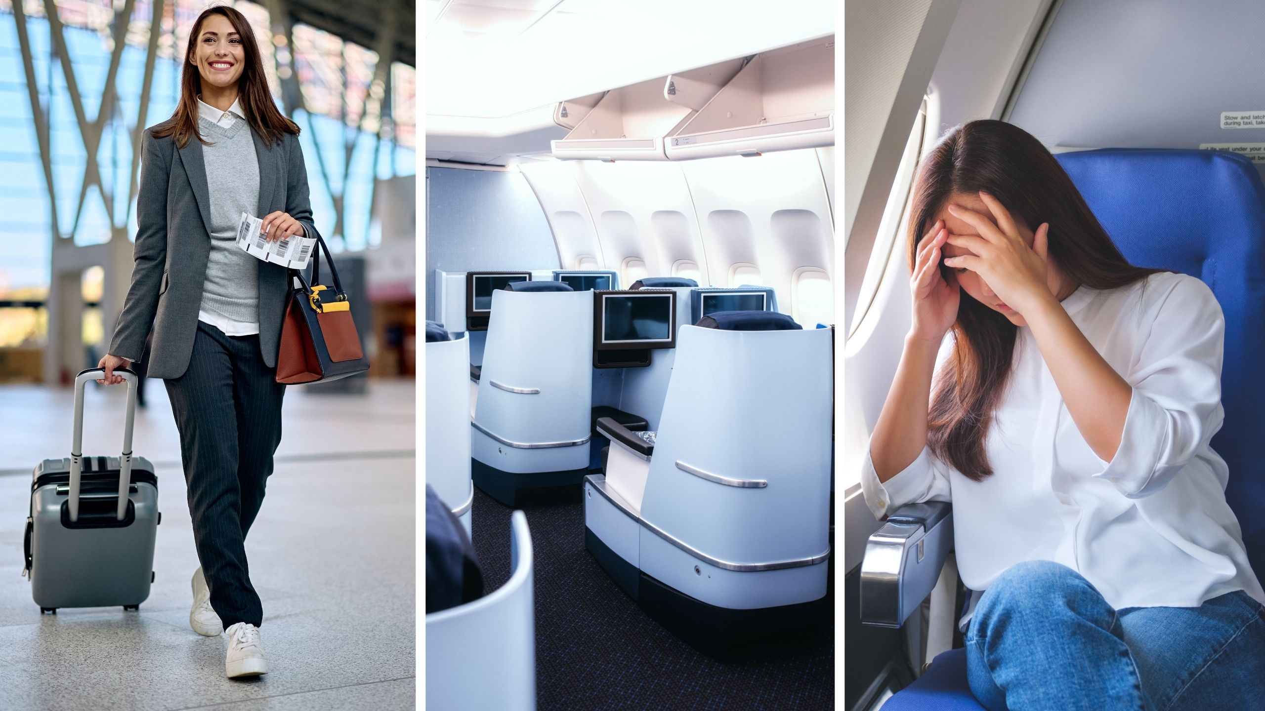 woman shares flight experience (l) first class seats (c) woman sick in flight (r)