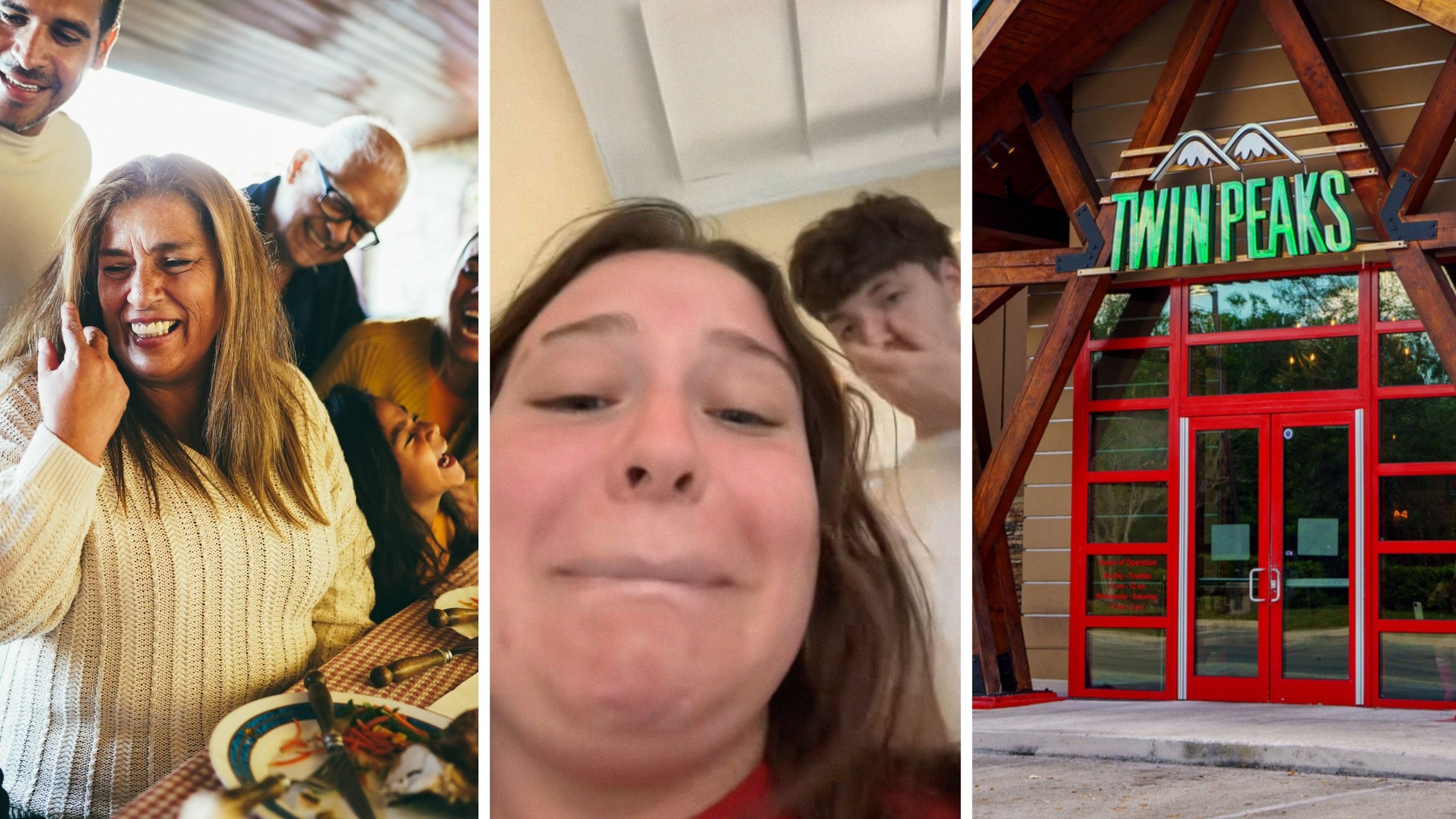 family go out to eat (l) woman shares vacation outings (c) twin Peaks entrance (r)
